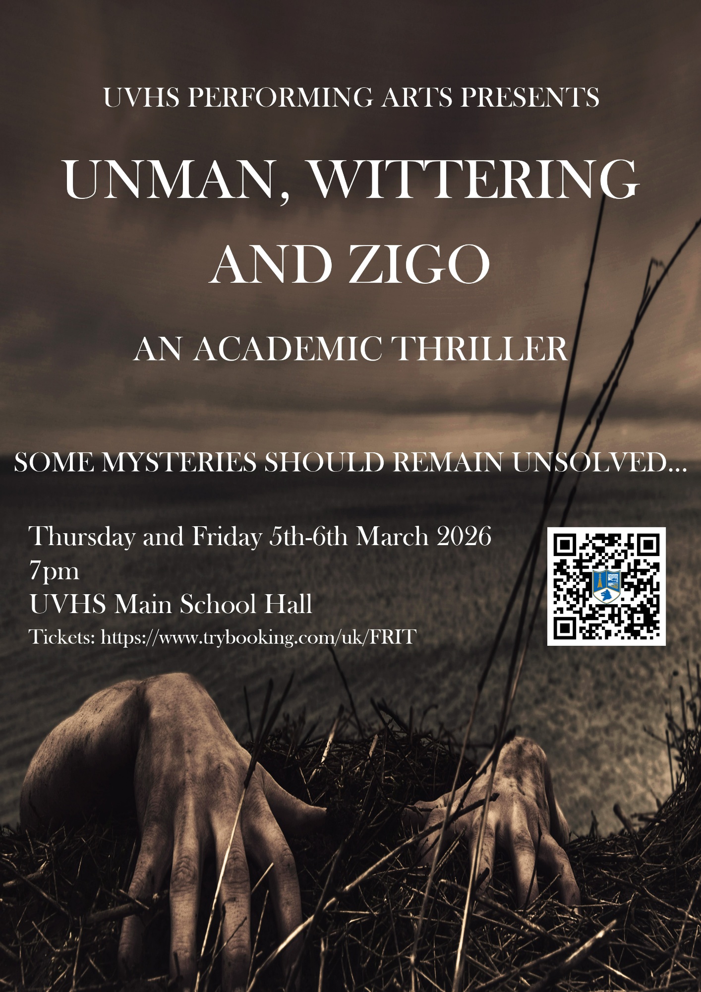 Hands appearing over a cliff edge, words announcing the times and dates of the production.